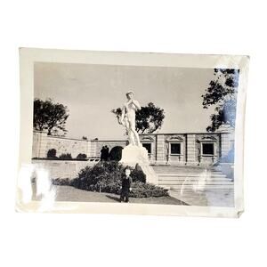 Vtg Boy Posing Statue of David B&W Monochrome Photography 1940s Found Snapshot
